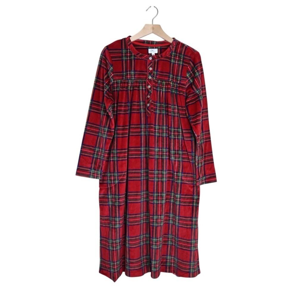 Aria Collection Women's M Red Plaid Cotton Flannel Nightgown